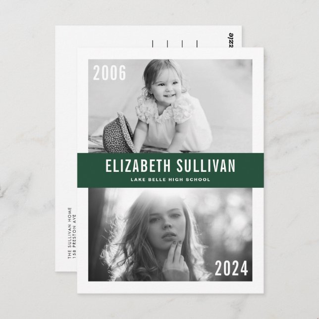 Green Then and Now Photo Collage Graduation Postcard (Front/Back)