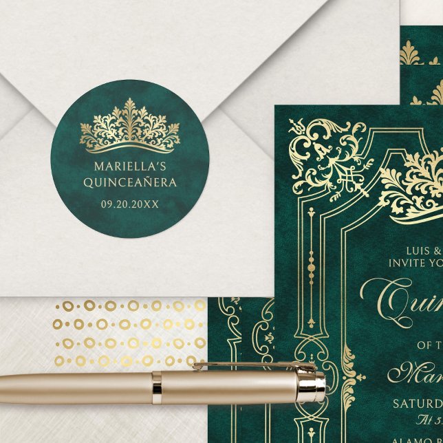 Green Tiara Crown Elegant Quinceanera Classic Round Sticker (Creator Uploaded)