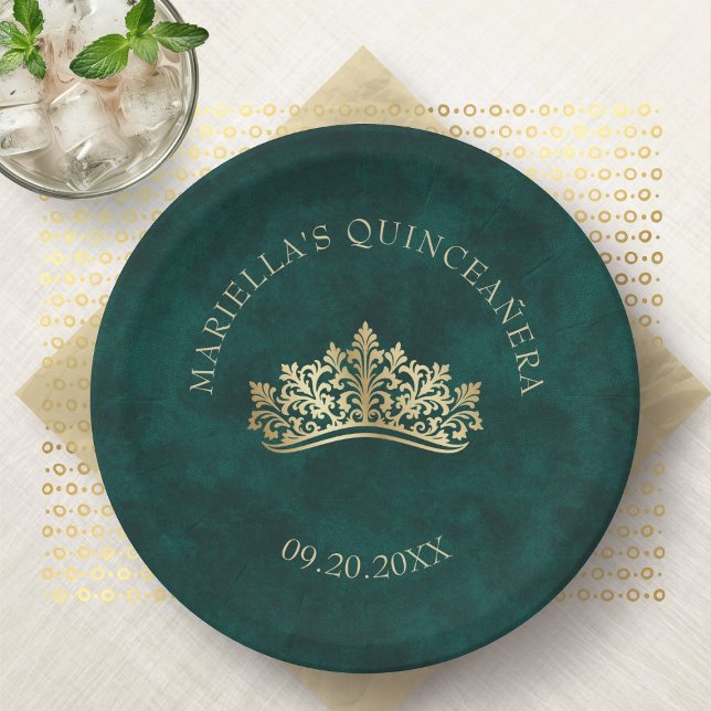 Green Tiara Crown Elegant Quinceanera Paper Plate (Creator Uploaded)