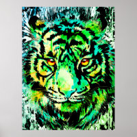 Green Tiger Head Drawing - Tiger Poster Print