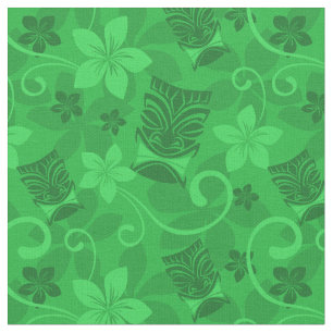 Green Tiki Masks Hawaiian Fabric