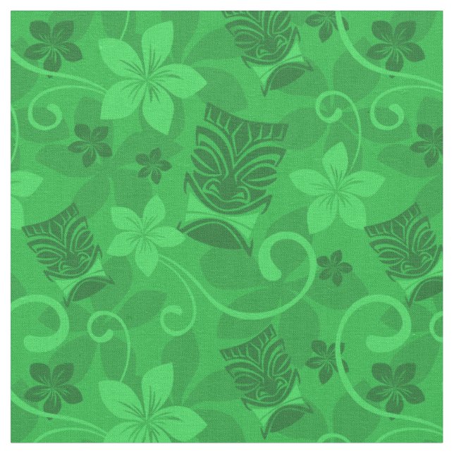 Green Tiki Masks Hawaiian Fabric (Close Up)