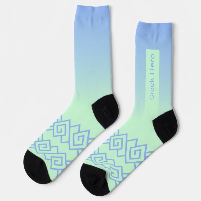 Green to Blue, Greek Pattern, Name Socks (Left)
