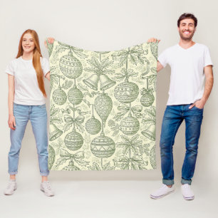 Green Toile Christmas Bells & Ornaments Pattern 2 Fleece Blanket