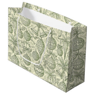 Green Toile Christmas Bells & Ornaments Pattern 2 Large Gift Bag