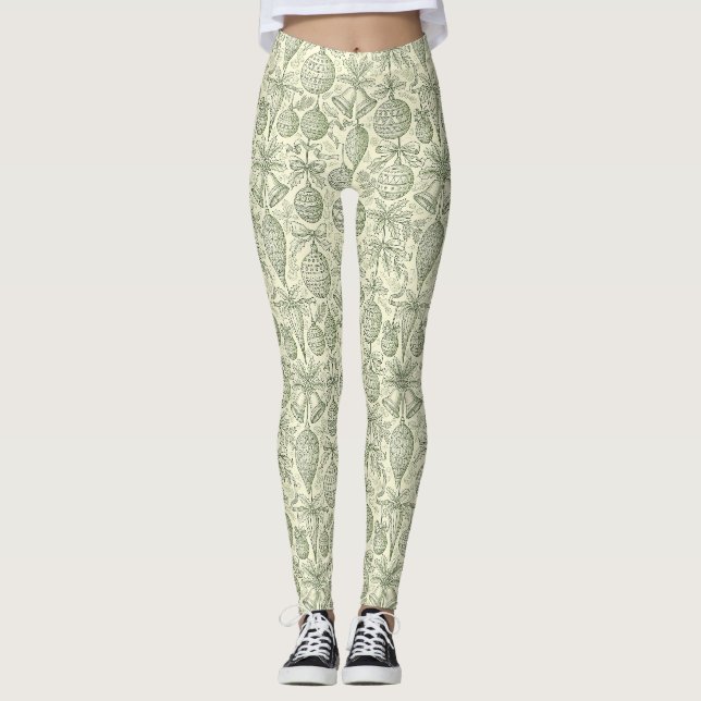 Green Toile Christmas Bells & Ornaments Pattern 2 Leggings (Front)