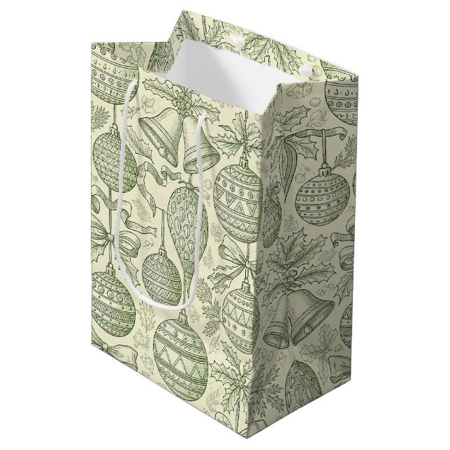 Green Toile Christmas Bells & Ornaments Pattern 2 Medium Gift Bag (Front Angled)