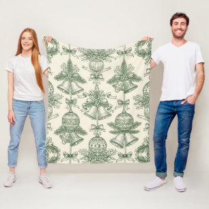 Green Toile Christmas Bells & Ornaments Pattern Fleece Blanket
