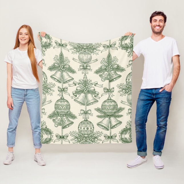 Green Toile Christmas Bells & Ornaments Pattern Fleece Blanket (In Situ)