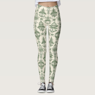 Green Toile Christmas Bells & Ornaments Pattern Leggings