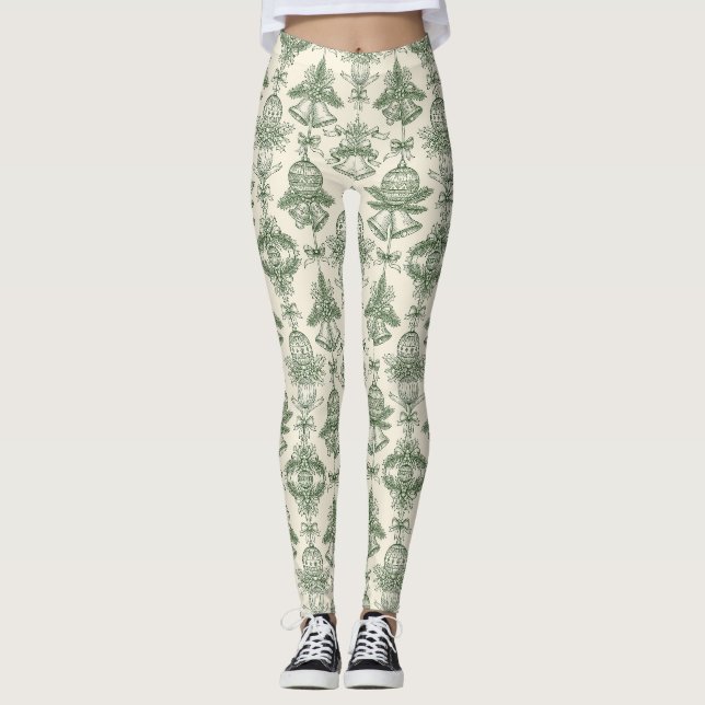 Green Toile Christmas Bells & Ornaments Pattern Leggings (Front)