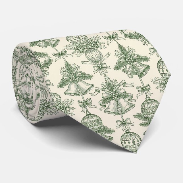 Green Toile Christmas Bells & Ornaments Pattern Tie (Rolled)