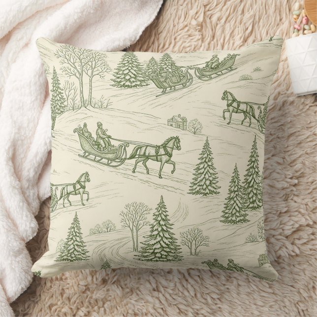 Green Toile Christmas Sleigh Ride Pattern (2) Cushion (Blanket)