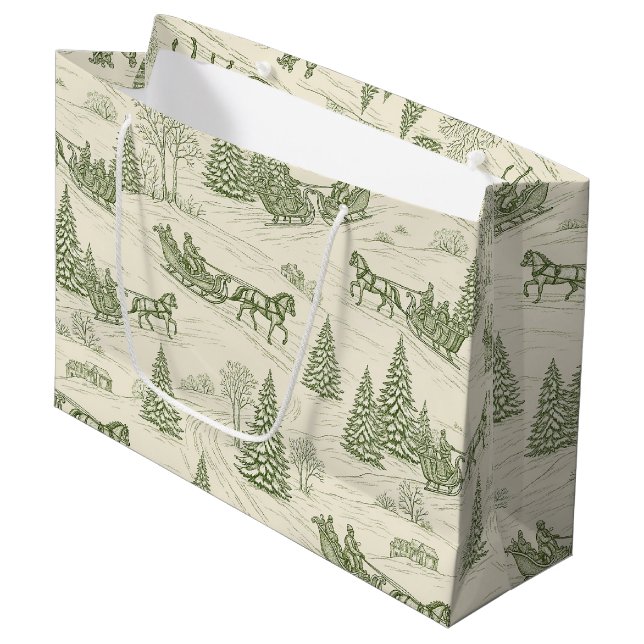 Green Toile Christmas Sleigh Ride Pattern (2) Large Gift Bag (Front Angled)