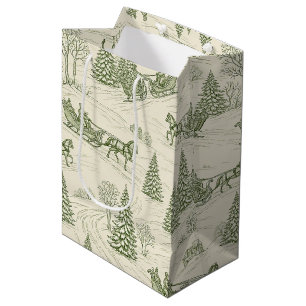 Green Toile Christmas Sleigh Ride Pattern (2) Medium Gift Bag