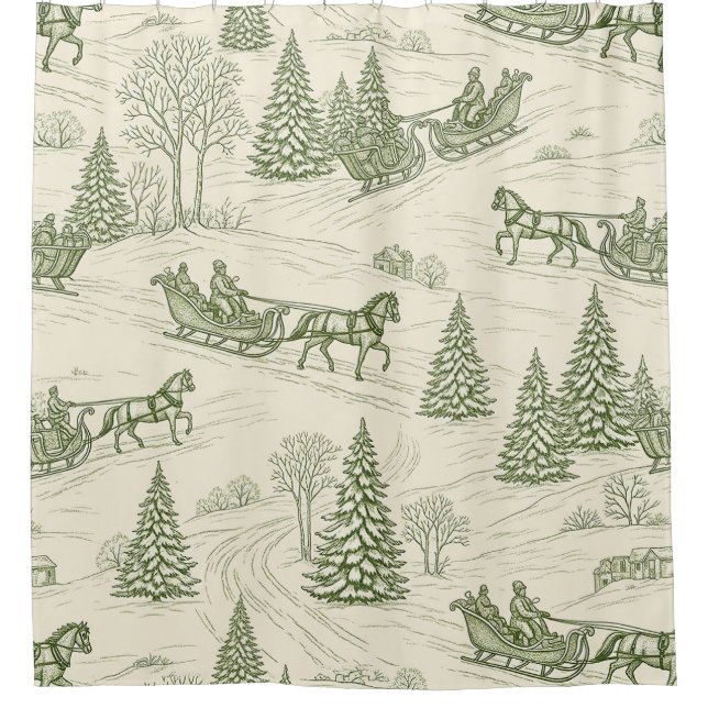 Green Toile Christmas Sleigh Ride Pattern (2) Shower Curtain (Front)