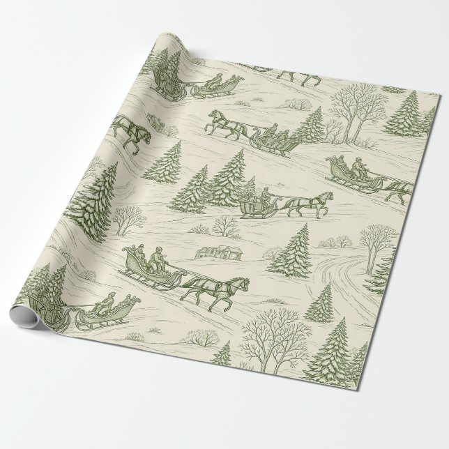 Green Toile Christmas Sleigh Ride Pattern (2) Wrapping Paper (Unrolled)