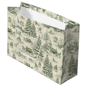 Green Toile Christmas Sleigh Ride Pattern (3) Large Gift Bag