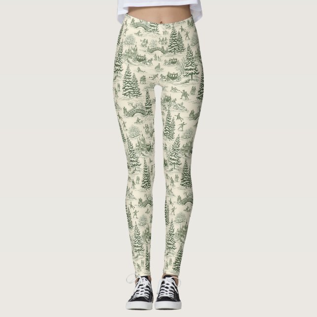 Green Toile Christmas Sleigh Ride Pattern (3) Leggings (Front)