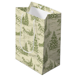 Green Toile Christmas Sleigh Ride Pattern Medium Gift Bag