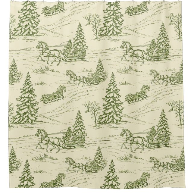 Green Toile Christmas Sleigh Ride Pattern Shower Curtain (Front)