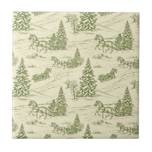 Green Toile Christmas Sleigh Ride Pattern Tile