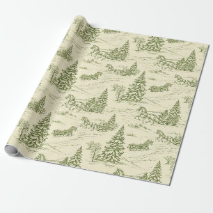 Green Toile Christmas Sleigh Ride Pattern Wrapping Paper