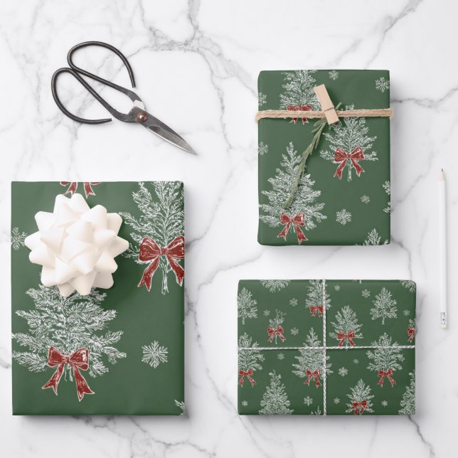Green Toile Christmas Tree Pattern Wrapping Paper Sheet (Front)