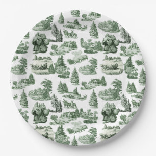 Green Toile Christmas Village Santa Reindeer Paper Plate