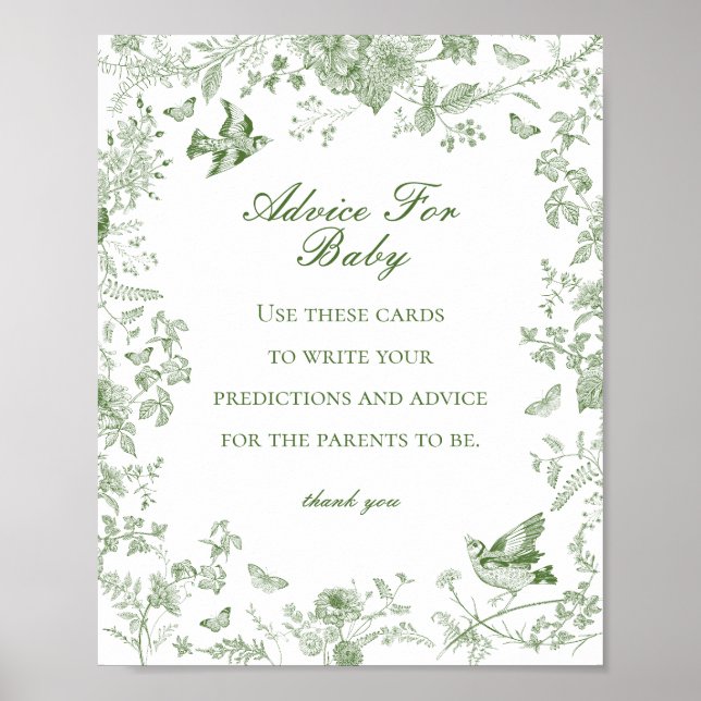 Green Toile De Jouy Advice for Baby Shower Game Poster (Front)