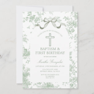 Green Toile de Jouy Baptism & First Birthday Bow  Invitation
