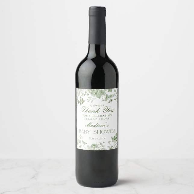 Green Toile De Jouy Floral Baby Shower Favours Wine Label (Front)