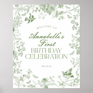 Green Toile de Jouy Floral Birthday Welcome Sign