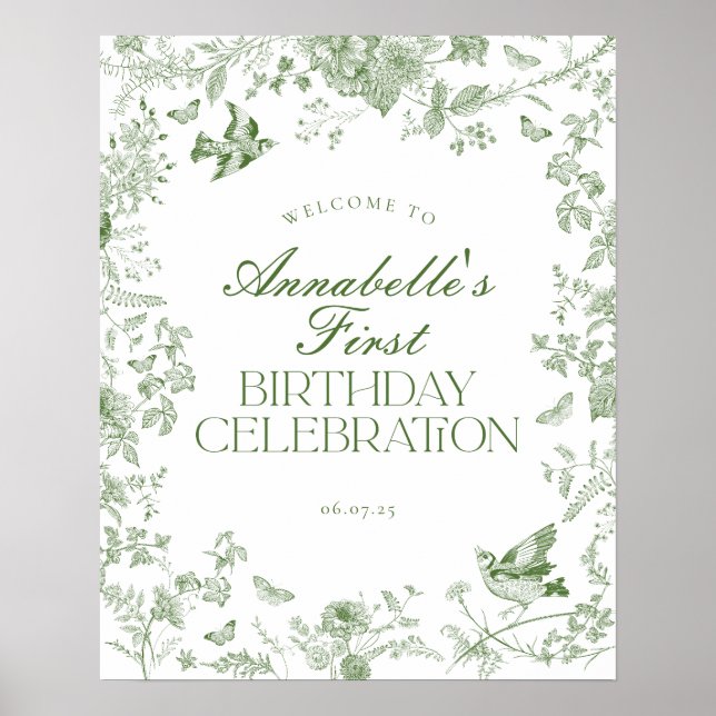 Green Toile de Jouy Floral Birthday Welcome Sign (Front)