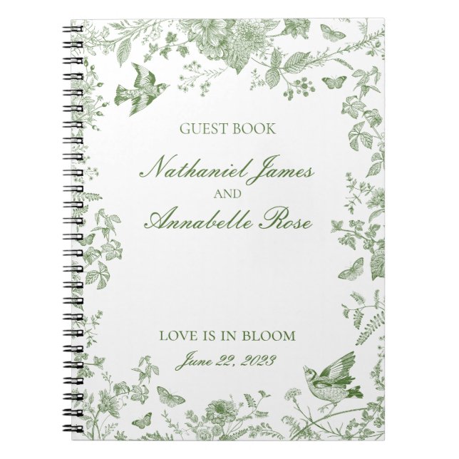 Green Toile De Jouy Floral Wedding Guest Book (Front)