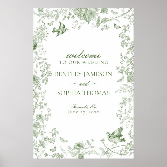 Green Toile De Jouy Floral Wedding Welcome Sign (Front)