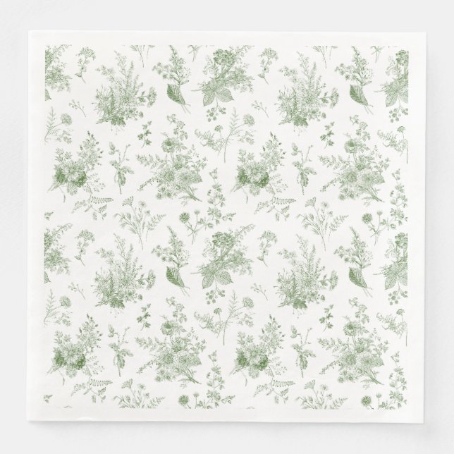 Green Toile De Jouy Vintage Floral Chinoiserie Napkin (Front)