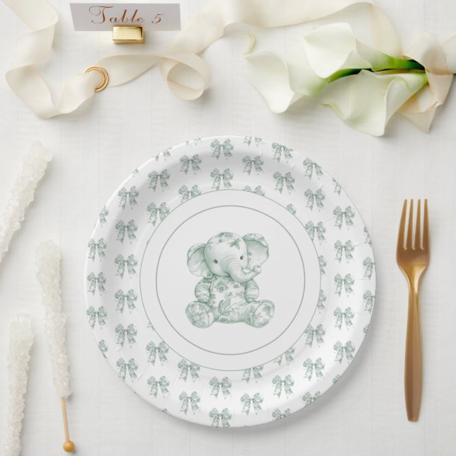 Green Toile Elephant Baby Shower Paper Plate (Wedding)