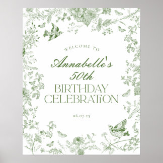Green Toile Floral Birthday Party Welcome Sign