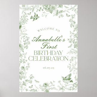 Green Toile Floral Birthday Party Welcome Sign
