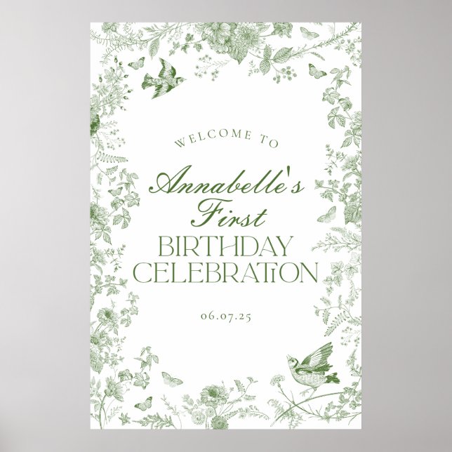 Green Toile Floral Birthday Party Welcome Sign (Front)