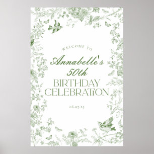 Green Toile Floral Birthday Party Welcome Sign
