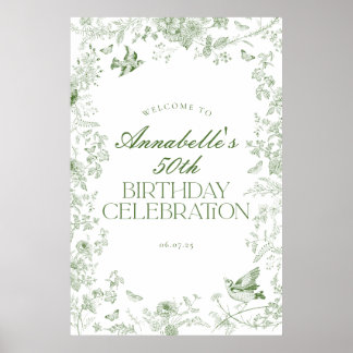 Green Toile Floral Birthday Party Welcome Sign