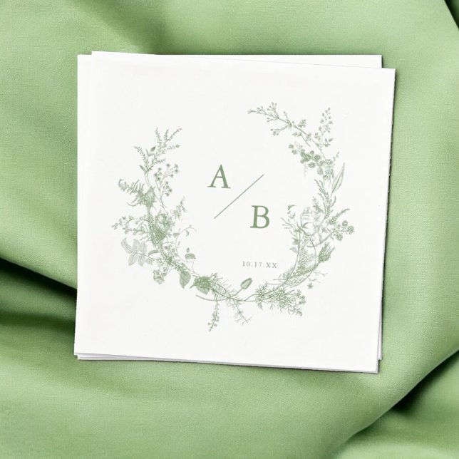 Green Toile French Wedding Monogram Napkins (Creator Uploaded)