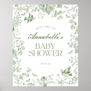 Green Toile Jouy Floral Baby Shower Welcome Sign