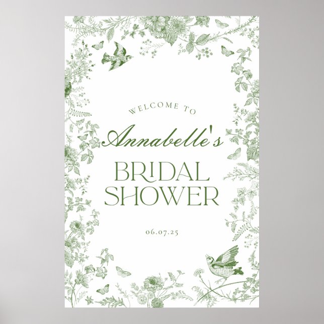 Green Toile Jouy Floral Bridal Shower Welcome Sign (Front)