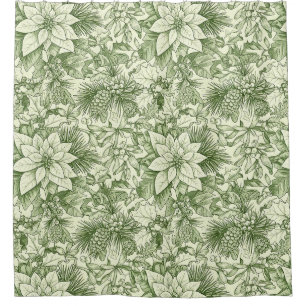 Green Toile Poinsettia Christmas Pattern (2) Shower Curtain