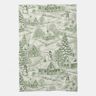Green Toile Vintage Christmas Village Pattern (3) Tea Towel