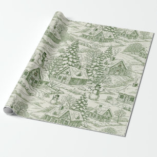 Green Toile Vintage Christmas Village Pattern (3) Wrapping Paper