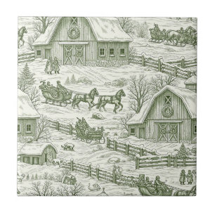 Green Toile Vintage Christmas Village Pattern (4) Tile